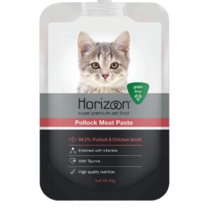פאוץ' אוכל לחתולים Horizon עם דג פולוק וברווז, 90 גרם, מזון איכותי ללא דגנים.