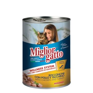 שימורי אוכל לחתולים Miglior Gatto עם עוף והודו, מומלץ לחתולים בריאים ומאושרים.