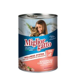 קופסת אוכל לחתולים עם סלמון, מותג Miglior Gatto, מתאימה לחתולים בכל הגילאים.