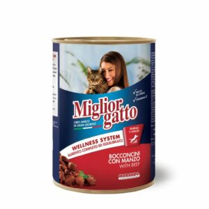 קופסה של אוכל לחתולים Miglior Gatto עם תמונה של אישה מחזיקה חתול, מזון איכותי לחתולים.